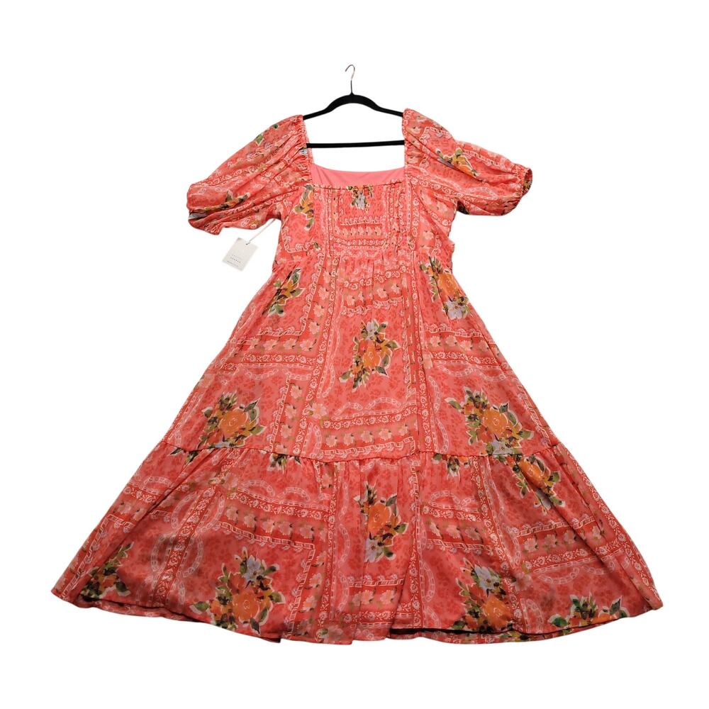 NWT LC Lauren Conrad Womens Plus 0X Coral Floral Puff Sleeve Midi Dress
